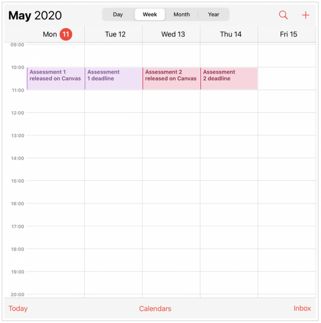 An image of a 2020 calendar with assessment deadlines added