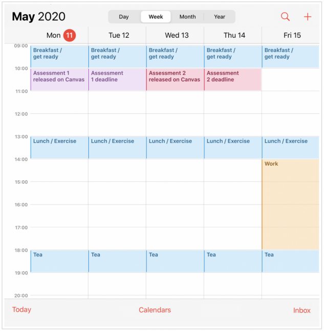 An image of a 2020 calendar with essential items added, like breakfast, lunch and tea