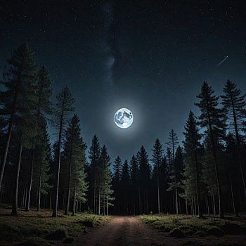 A nighttime forest scene with tall pine trees on either side of a dirt path, leading towards a bright full moon in the center of the sky.
