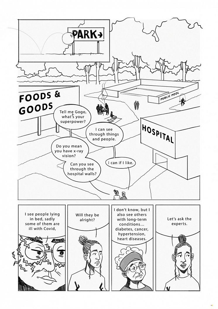 Two friends outside a hospital, a park and a shop. Their conversation is written in dialogue bubbles: A: Tell me what’s your superpower? G: I can see through things and people. I see people lying in bed with covid, diabetes, cancers, hypertension, heart diseases….