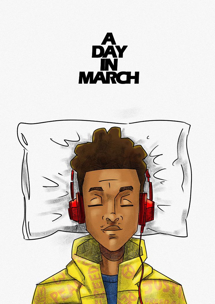 A coloured drawing of the head and shoulders of a young Asian man (Imran) man wearing headphones lysing on a pillow
