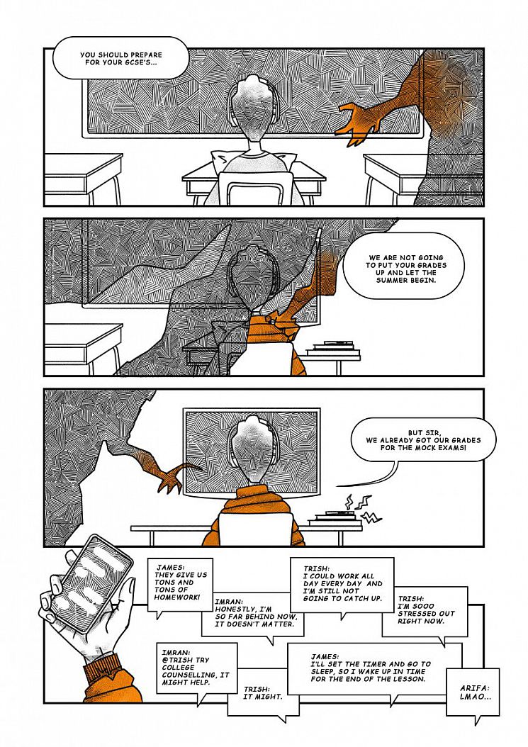 Imran is sitting at his desk in an empty classroom while texting friends. Text:We are not going to put your grades up and let the summer begin. But sir, we already got our grades for the mock exams! They give us tons and tons of homework! Honestly, I’m so far behind now. It doesn’t matter.