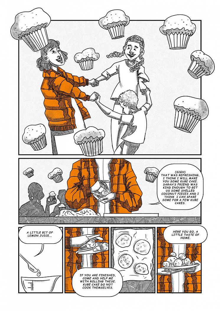 A mother and the two kids take each other’s hands and do a round dance with floating cup-cakes around them. TEXT: That was refreshing. I think I will make you some kube cake. Sarah’s friend was kind enough to get us some shelled coconut pieces and I think I can spare some for a few kube cakes. A little taste of home.