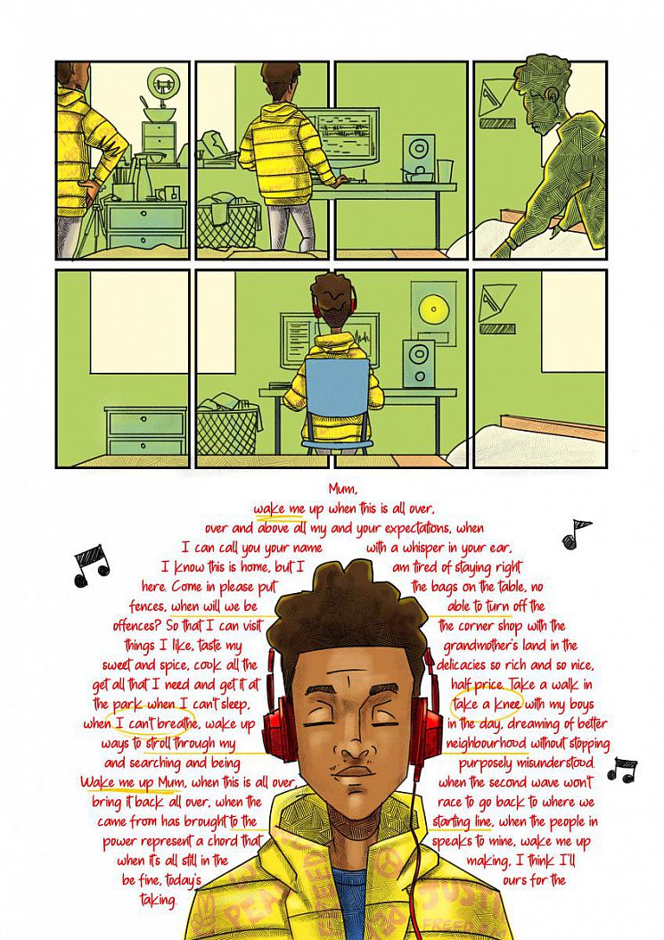 Imran sits down mixing music. Mum, wake me up when this is all over, over and above all my and your expectations, when I can call you your name with a whisper in your ear, I know this is home, but I am tired of staying right here. Wake me up Mum, when the second wave won’t bring it back all over. I think I’ll be fine, today is ours for the taking