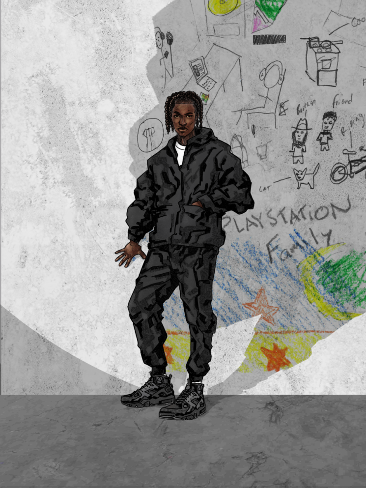 The focal point of the collage, a young black man in track suit and sneakers standing by a wall. The rest of the drawings form part of his shadow