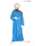 A coloured line drawing of a man in a blue robe and turban