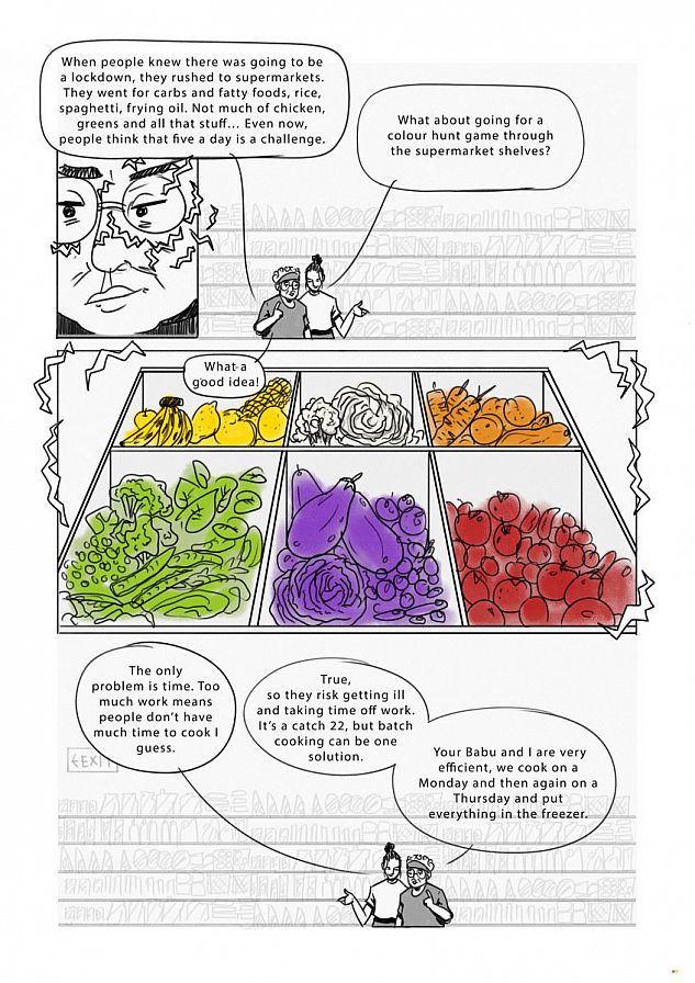 The conversation continues at a vegetable stall: "We can eat healthy and get in shape....What about going for a colour hunt game through the supermarket shelves? Then people can get five colours a day! A balanced diet gives your body the strength you need to fight whatever comes."