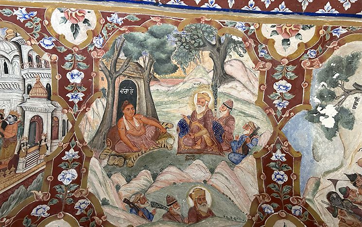 Mural of Guru Nanak Dev and Bhai Mardana on mural at Gurdwara Baba Atal, Amritsar