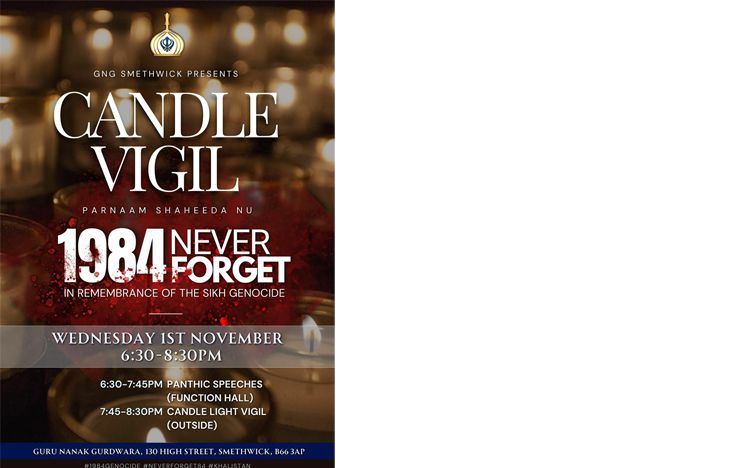 Poster of November 1, 2023 candle vigil, 'Parnaam Shaheed Nu (Saluting the martyrs); 1984: Never Forget; In remembrance of the Sikh Genocide' in Smethwick, Birmingham