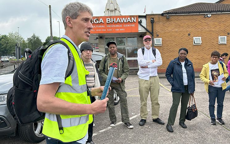 Canon Dr Andrew Smith with pilgrims outside Durga Bhawan Mandir, Smethwick