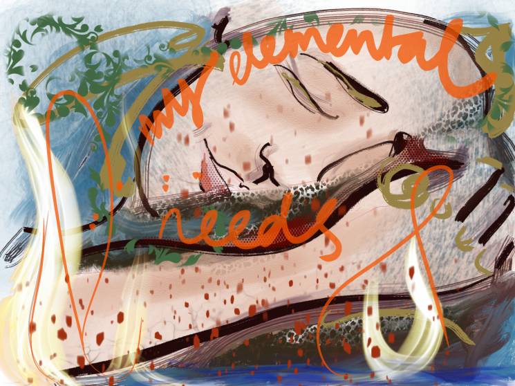 Abstract digital illustration depicting woman resting upon the earth with eyes closed, surrounded by greenery, text reading 'my elemental needs', fuller description can be found below the image.