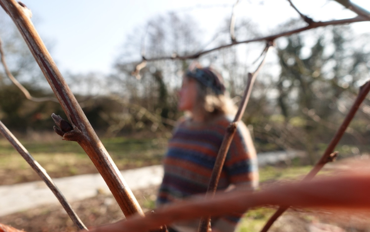 Blurred participant stood in field, abstract shot with tree branches in foreground