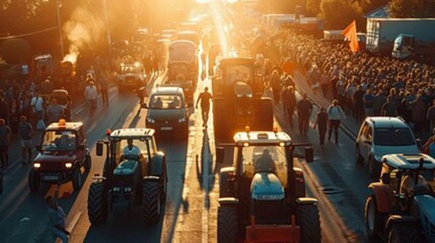 AI generated image of farmers protesting by driving tractors along crowded street