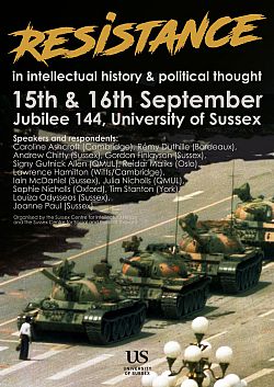 Poster for Sussex Resistance conference in 2016 showing Tianenmen Square protester
