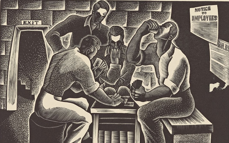 A black and white drawing of people sitting around a table drinking.