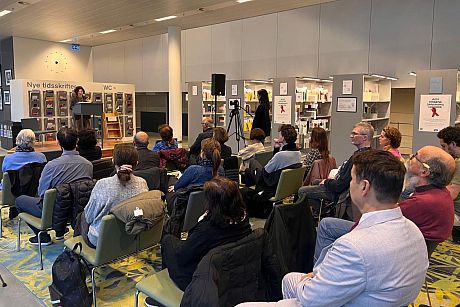 Vera speaking at the launch of the Copenhagen Exhibition