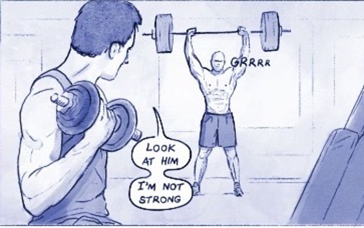 Cartoon of two people in the gym lifting weights