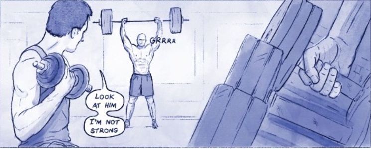 Cartoon of two people in the gym lifting weights
