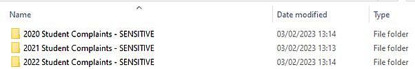 A folder containing 3 other folders labelled ' 2020 Student Complaints - Sensitive', '2021 Student Complaints - Sensitive' and so on