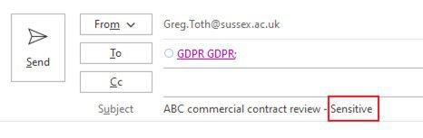 A subject line of an email with the word 'sensitive' included after the subject