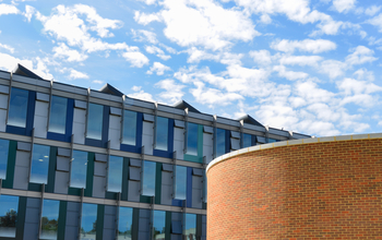 A view of the modern-looking Jubilee building with its angular glass and sweeping brickwork