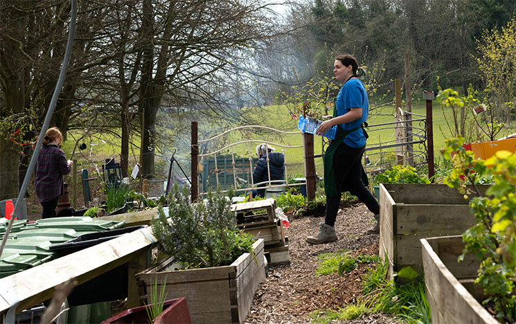 Woman walking through an allotment