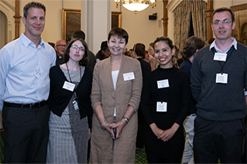 Parliamentary event focusing on homelessness Dr Caroline Lucas MP (centre) with representatives from the University's pro-bono law clinics (L-R: Dr Amir Paz-Fuchs, Dr Bonnie Holligan, student Maria Burguillos Rivas and Dr Will McCready)