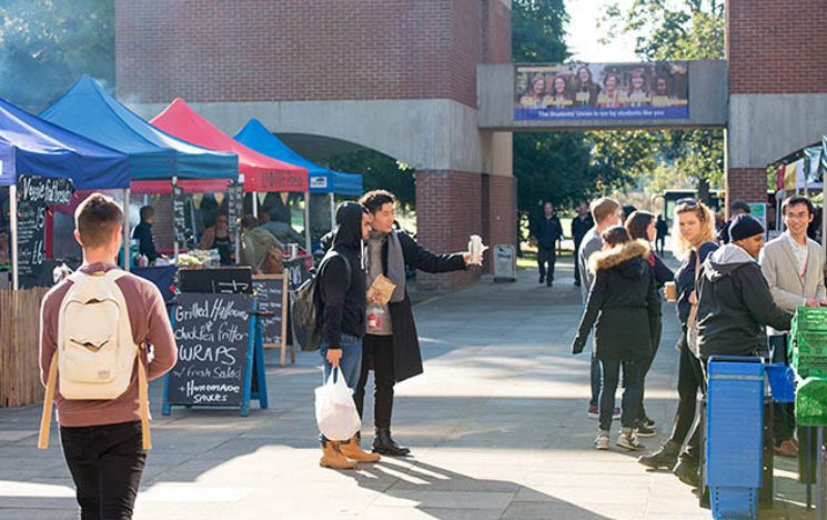 ICON: student walking through falmer quad on market day