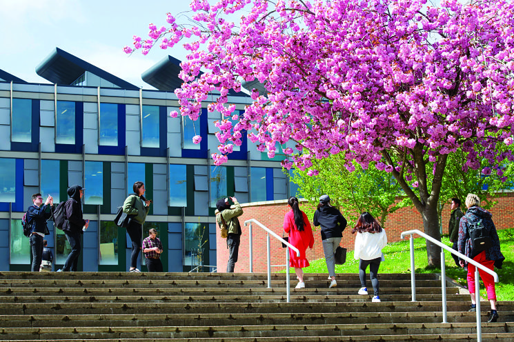 Outside shot of campus buildings, students and pink trees