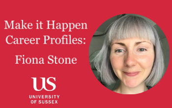 A red image flyer with a circular photo of Fiona next to a the title 'Make it Happen Career Profiles: Fiona Stone'