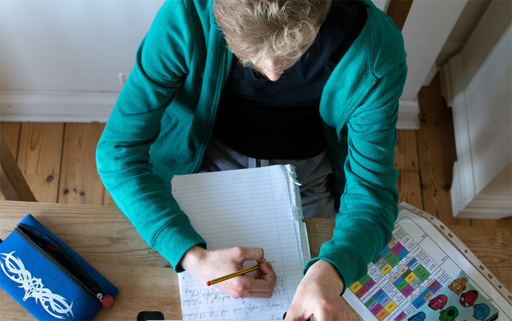 A student working from home using a pen and notepad