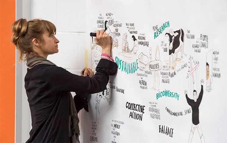 Artist creating the illustrated sustainability mural