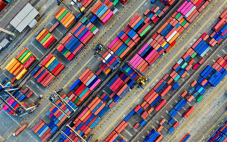 Aerial shot of colourful cargo containers