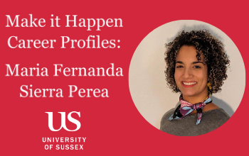 A red image flyer with a circular photo of Maria next to a the title 'Make it Happen Career Profiles: Marina Fernanda Sierra Perea'