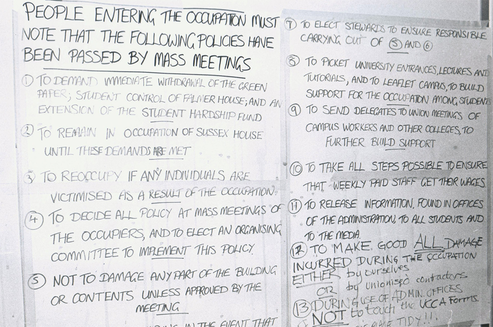 A list of rules for the occupation of Falmer House