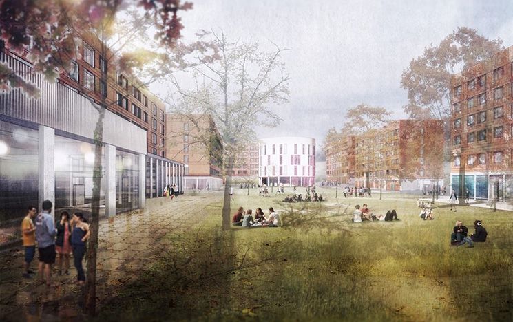 An artist view of North Court, looking north, supermarket and café on the left, Pavilion Library straight ahead, and the Health and Wellbeing Centre on the right