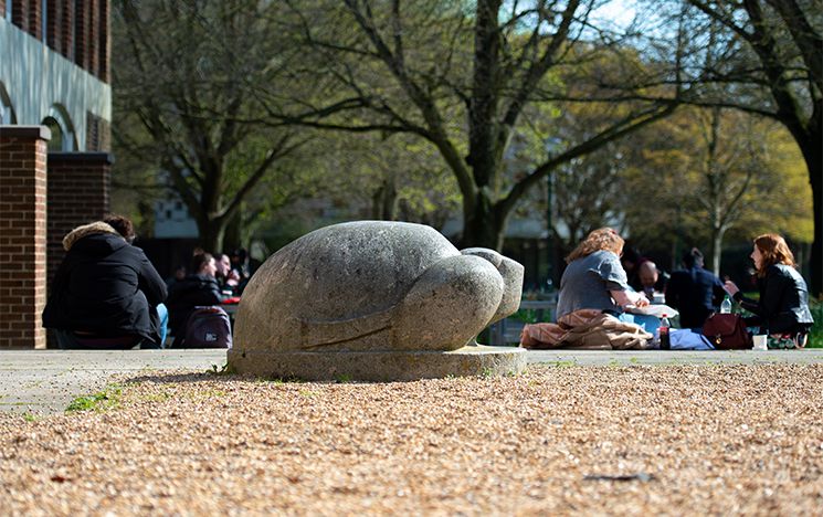 One of the granite tortoise sculptures next to the Arts A pond.