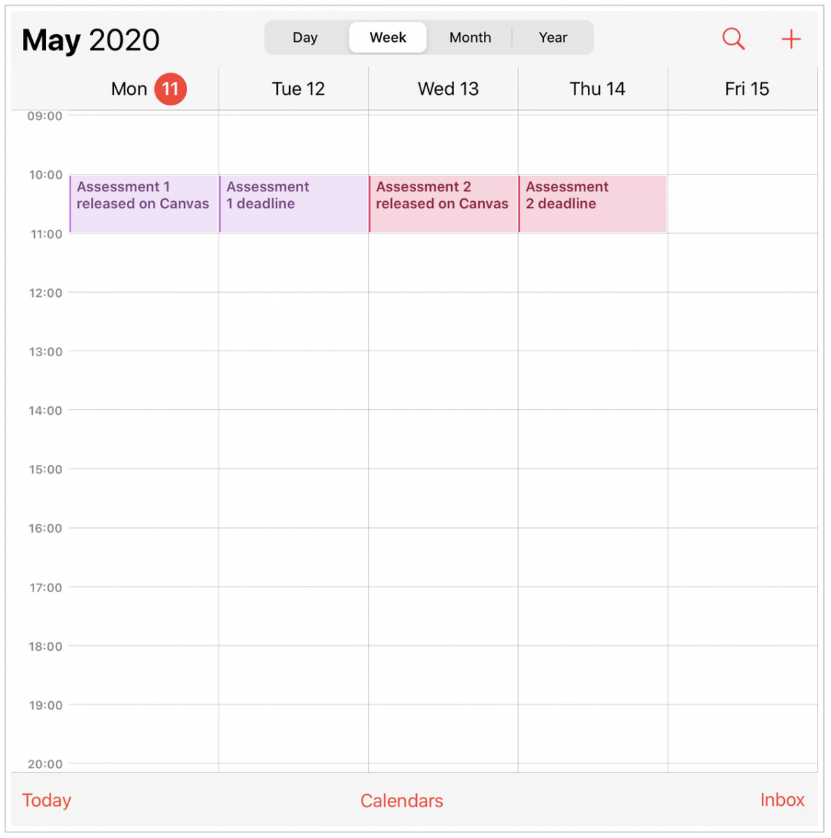 An image of a 2020 calendar with assessment deadlines added