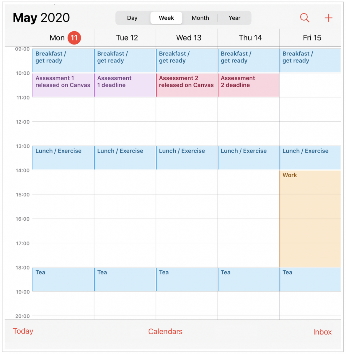 An image of a 2020 calendar with essential items added, like breakfast, lunch and tea