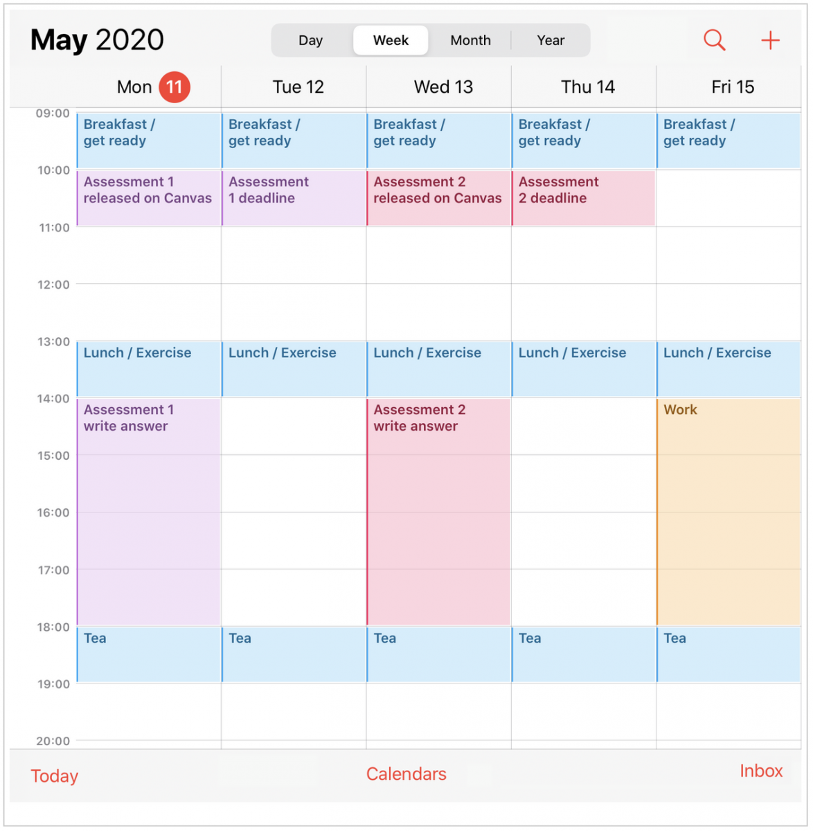 An image of a 2020 calendar with timings on for writing the assessment added