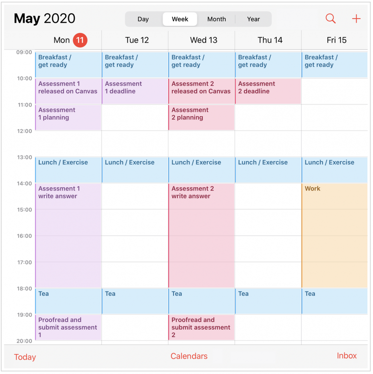 An image of a 2020 calendar with proofreading and submiting time added