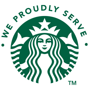A Starbucks logo with the text, WE PROUDLY SERVE. TM. The color of the logo is green