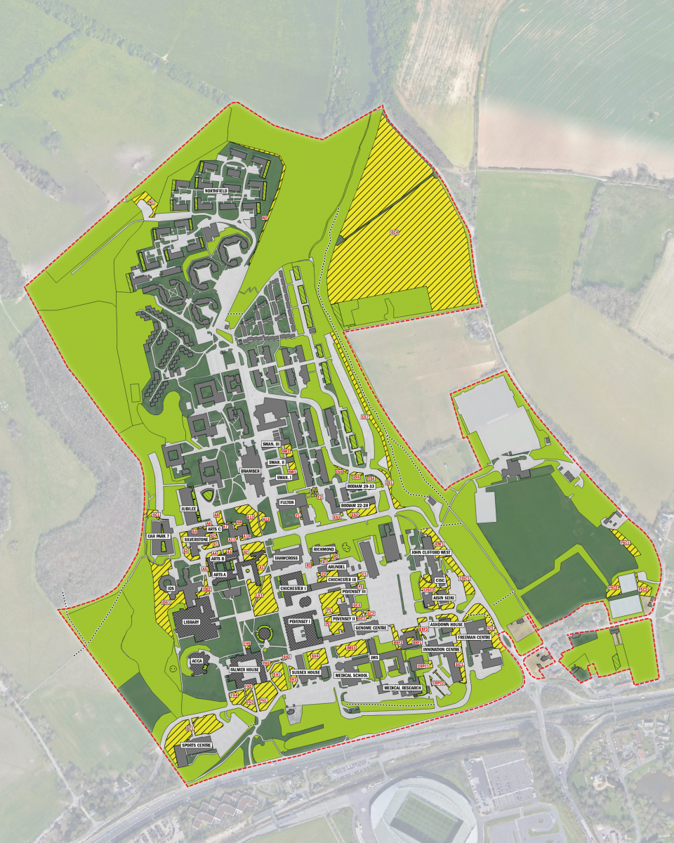 Map shows an example of potential land use if the percentage of campus land set aside for nature was increased to 50%.