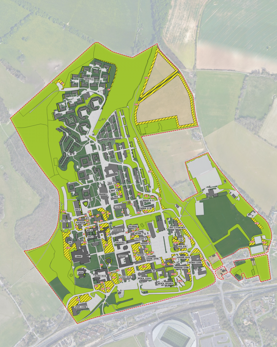 Map shows an example of potential land use if the percentage of campus land set aside for nature was increased to 45%.