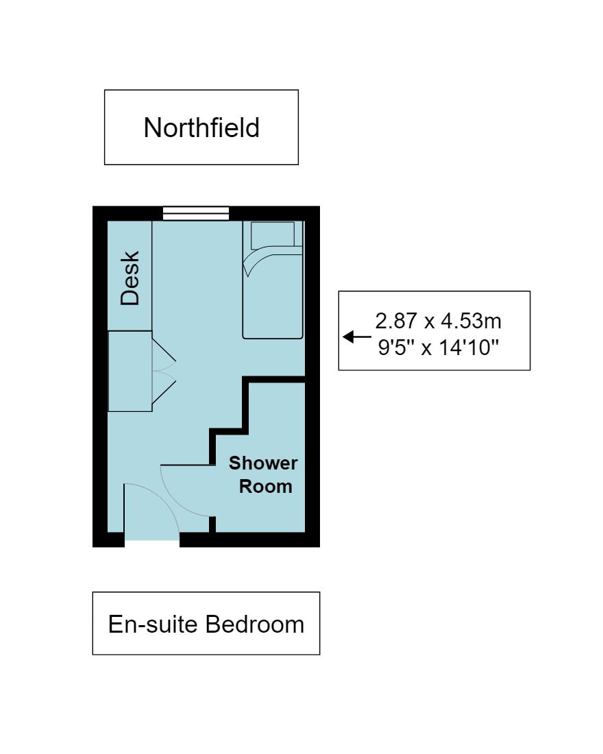 Illustration of Northfield en-suite bedroom floorplan, which is 2.87 metres by 4.53 metres (or 9 foot 5 inches by 14 foot 10 inches)