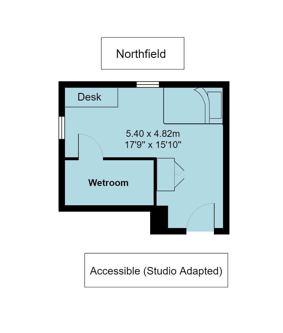 Illustration of Northfield accessible bedroom floorplan, which is 5.40 metres by 4.82 metres (or 17 foot 9 inches by 15 foot 10 inches)