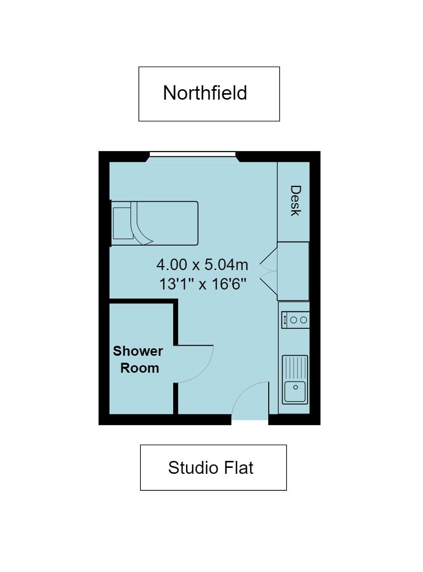 Illustration of Northfield studio flat floorplan, which is 4 metres by 5.04 metres (or 13 foot 1 inch by 16 foot 6 inches)