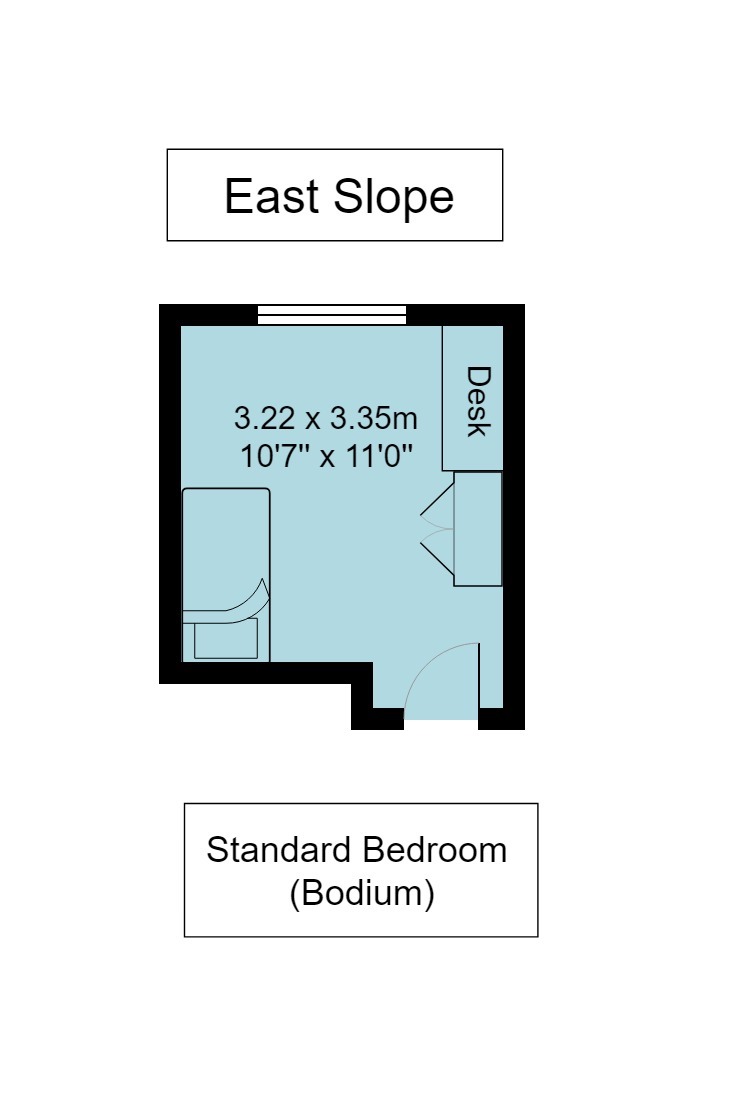 East Slope Bodiam room floorplan, which is 3.22 metres by 3.35 metres (or 10 foot 7 inches by 11 foot)