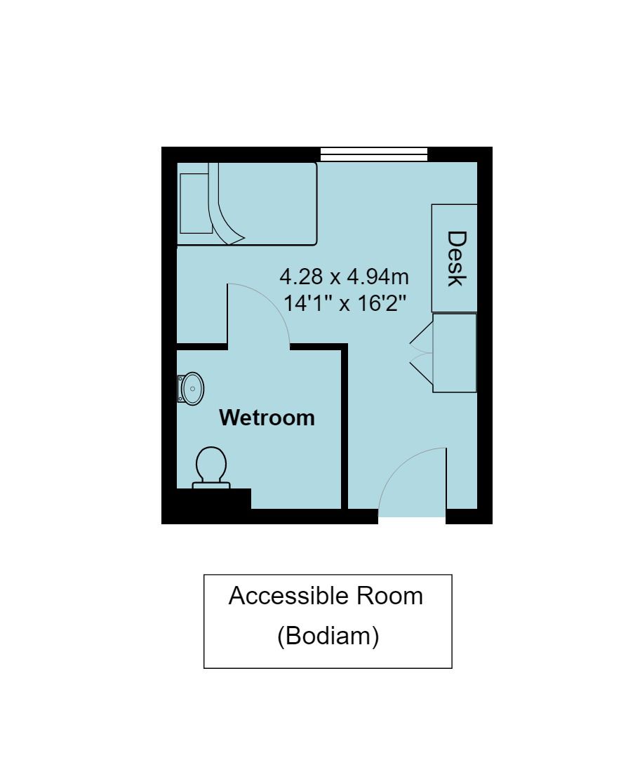 East Slope accessible room floorplan, which is 4.28 metres by 4.94 metres (or 14 foot 1 inch by 16 foot 2 inches)