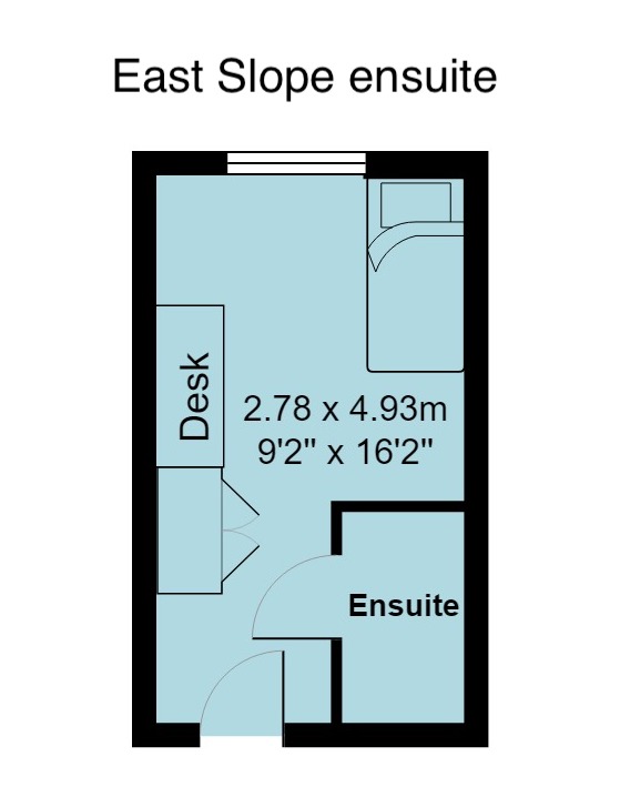 East Slope en-suite room floorplan, which is 2.78 metres by 4.93 metres (or 9 foot 2 inches by 16 foot 2 inches)